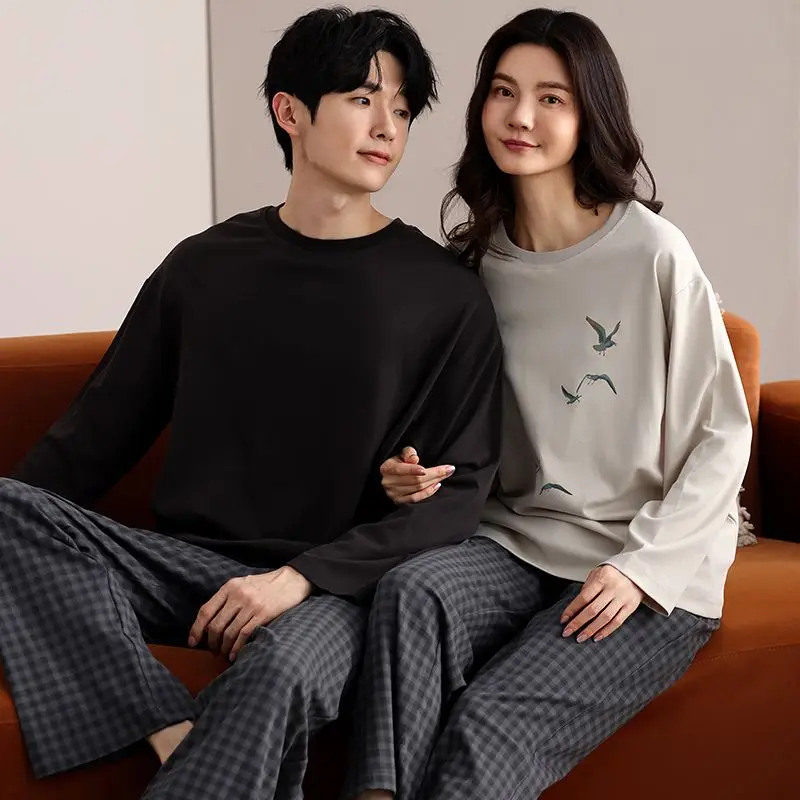 

2025 Spring Autumn Couple 100% Cotton Long Sleeve Pajama Sets for Women Korean Loose Sleepwear Pyjama Men Homewear Home Clothes