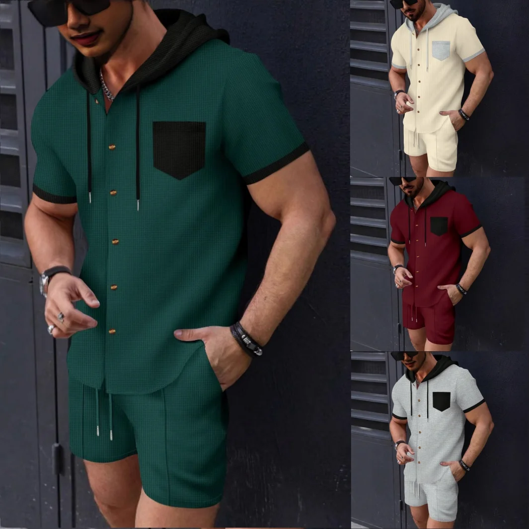 New men's hooded two-piece short-sleeved cardigan set, high-end waffle checkered casual jacket and shorts street sportswear set