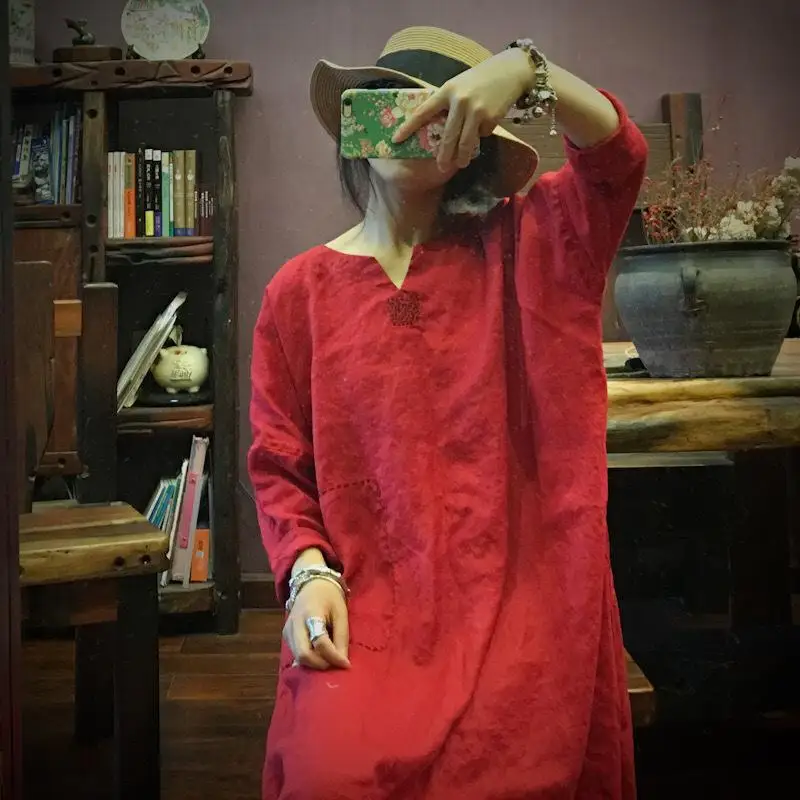 

Spring Autumn New Arts Style Women Long Sleeve V-neck A-line Vintage Embroidery Cotton Linen Loose Long Dresses XQ207