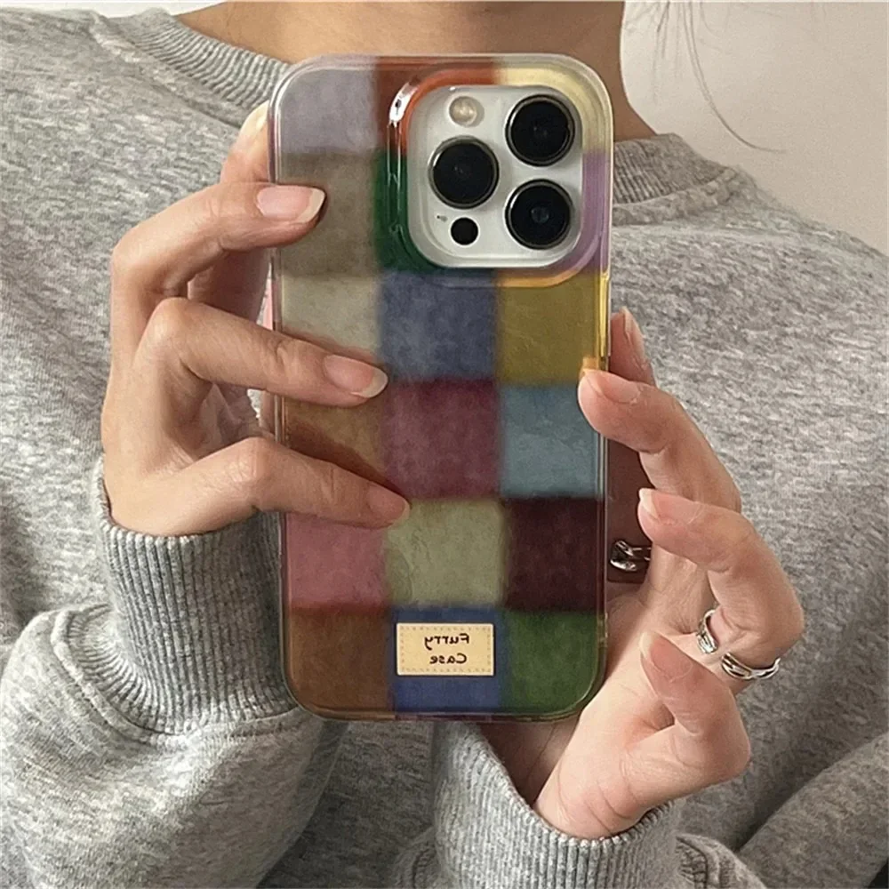 Dopamine Color Block Match Plaid Phone Case For iPhone 16 15 14 13 12 11 Pro Max XS XR X SE2 7 8 16 Plus Grid Label Matte Cover