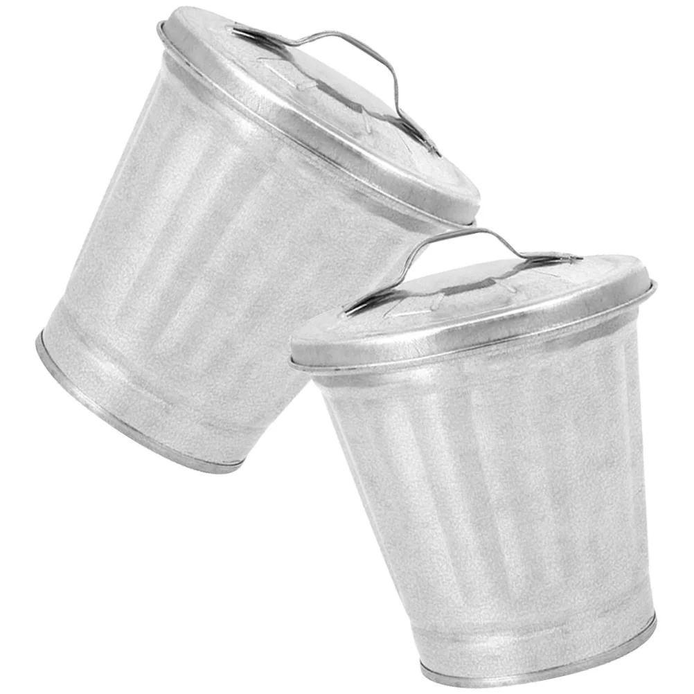 2 Pcs Mini Trash Can Flower Container Small Galvanized with Lid Storage Box Indoor Plant Pots Wastebasket Iron Office Garbage