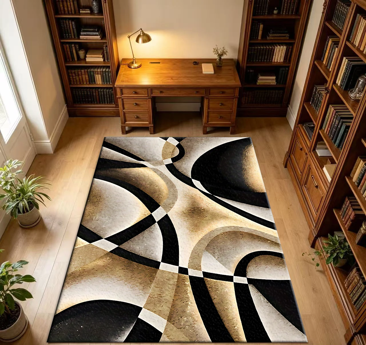 Modern Abstract Geometric Curved Pattern Area Rug Carpet Flooring Luxury Black Gold Home Floor Mat for Living Room