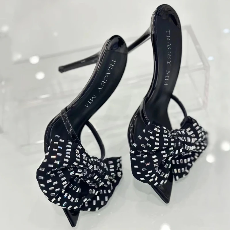 

Женские тапочки с открытым носком и кристаллами, летняя женская обувь, женские туфли-лодочки на тонком каблуке с открытой пяткой, Zapatos Mujer