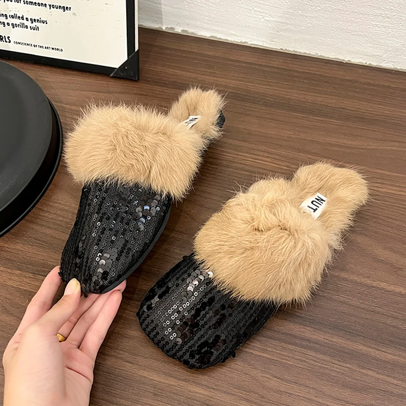 النساء بلينغ رقيق النعال الشقق قصيرة أفخم أحذية قطنية البغل أحذية صناديل للنساء شتاء 2025 الاتجاه Slingback الوجه يتخبط Mujer