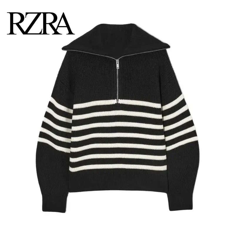 

RZRA original sweater 2024 autumn new women's classic style zipper neckline long sleeve versatile striped knitted pullover