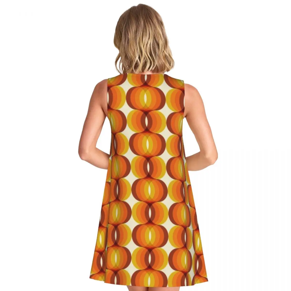 Orange Brown And Ivory Retro 1960s Wavy Pattern Women's Sleeveless Music Festival Wear Evening Dress British Lightweight Dress