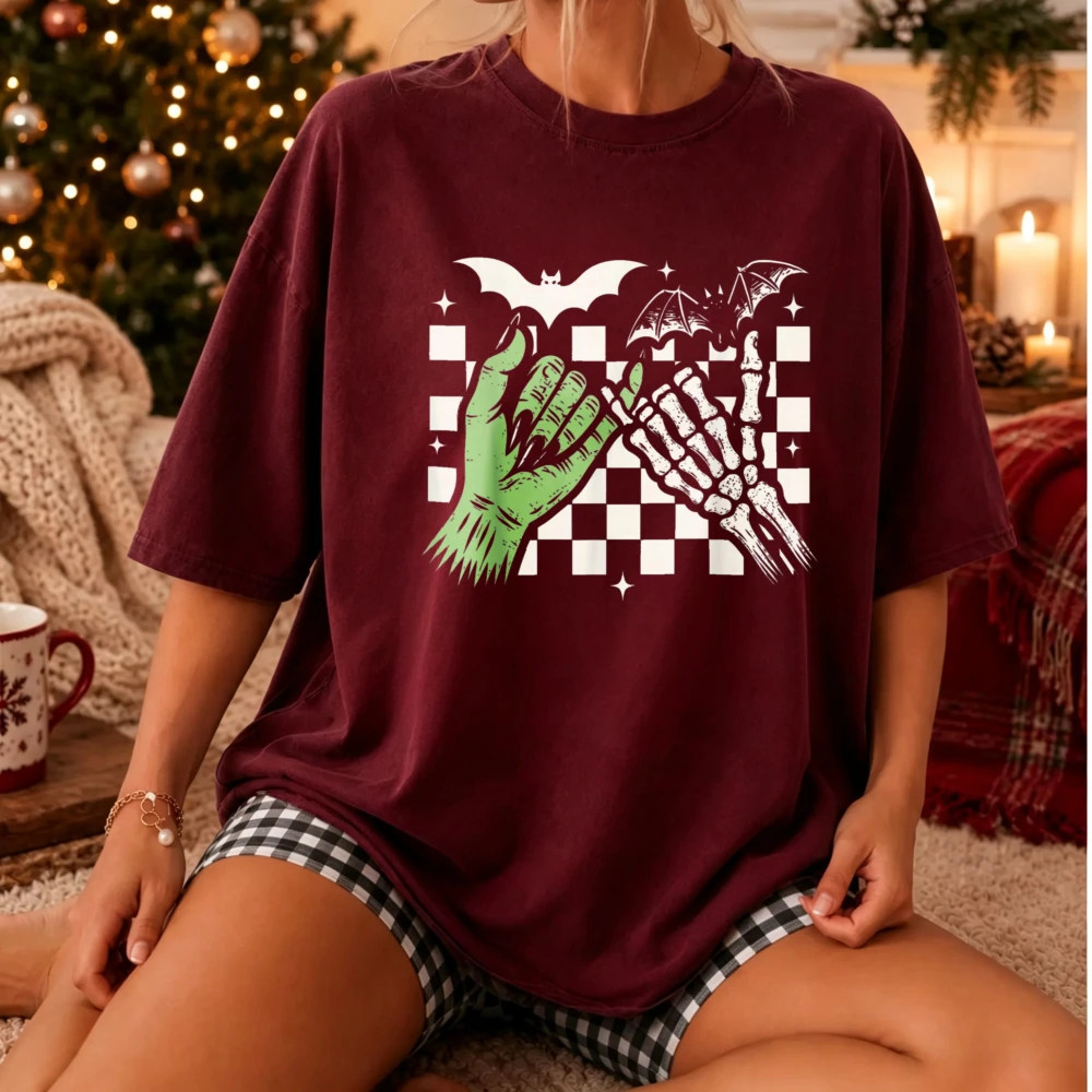 Halloween Pinky Promise Zombie Hand Skeleton Hand Checkered Bat Graphic T‑Shirt Retro Spooky Gothic Print Crew Neck Casual Tops