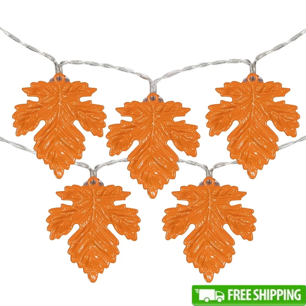 

10 Count Warm White LED Fairy Lights Battery Operated Copper Wire Orange Leaf Design Thanksgiving Decor 5.5ft Indoor Use