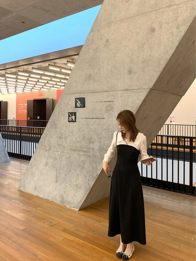 

Chen Wenwen Xenl Spring New Style Black White Color Block Slim Fit Shirt Dress Elegant Gentle Style Long Sleeve Polyester Fiber