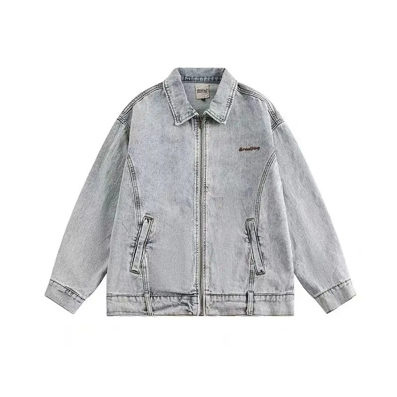 

Retro American Waed Denim Jaet Zipper Collar Loose Casual Jaet Top Spring Autumn New Sle ex Couple's Outerwear
