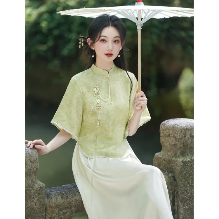 Young Girl's Artistic  Dress Set Improved Version 2026 Daily Wear Roaring Twenties Hanfu Style Printed Polyester Fiber