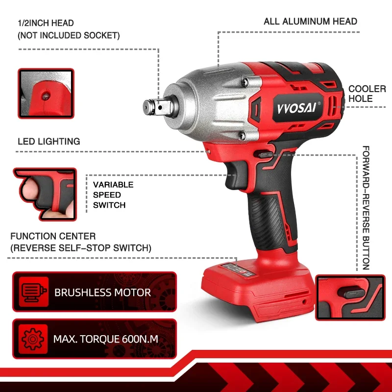 Imagem -02 - Vvosai-chave de Impacto sem Fio Brushless Chave Elétrica para Pneus de Automóveis Série mt Tomada 20v Bateria Li-ion 600n.m