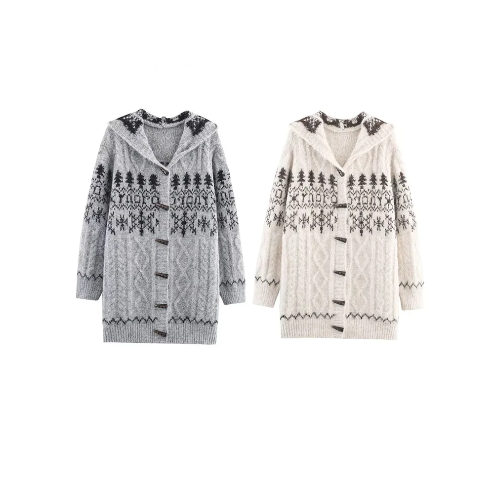 

Autumn New Women's Fashion Simple and Versatile Hooded Bull Horn Button Knitted Coat