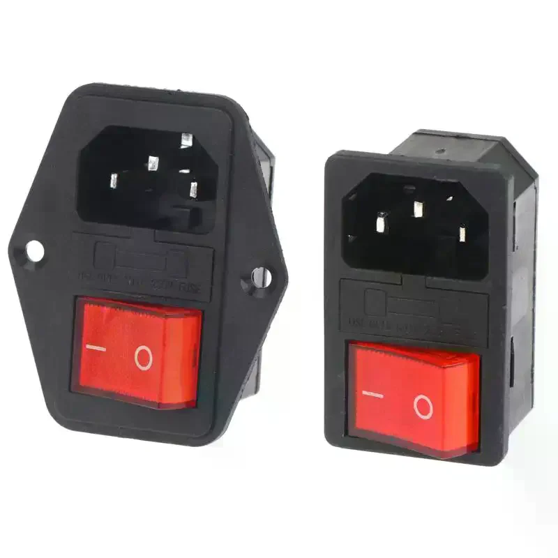 IEC320 C14 Electrical AC Socket 3 Pin Red LED 250V Rocker Switch 10A Fuse Female Male Inlet Plug Connector Embedded Socket Mount