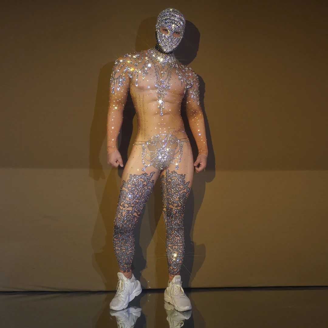 

Sparkly Rhinestone Jumpsuit for Men Elastic Leotard Headgear Sexy DJ Nightclub Outfit Performance Dance Costume Show Stage Wear