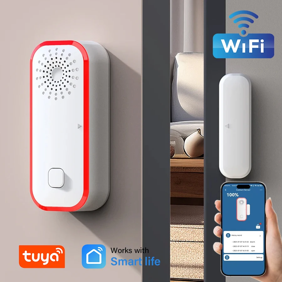

Smart Door Window Magnetic Sensor Tuya WiFi Door Window Sound and Light Alarm Open Closed Detector Remote Monitoring and Disarm