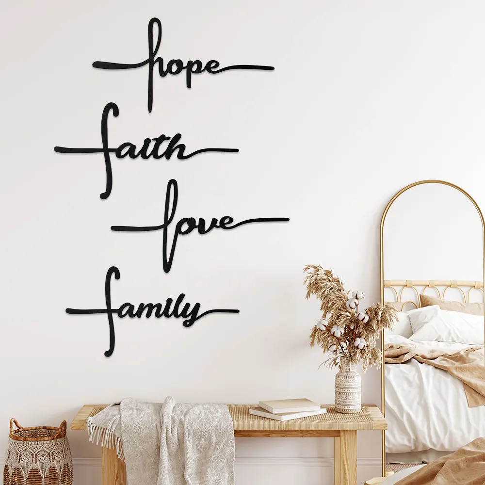 Metal Wall Art Sign 4-Piece Set: Love, Faith, Family, Hope Waterproof Religious and Spiritual Hanging Cross Wall Decor
