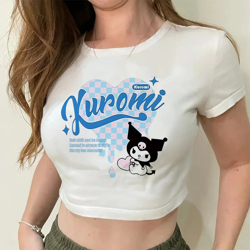 

muj marka Sanrio odzież z postaciami z kreskówek kobieta Kuromi wąska koszulka T-Shirt śliczny nadruk Kuromi kobiety moda z najwyższej półki Y2k ubrania damskie