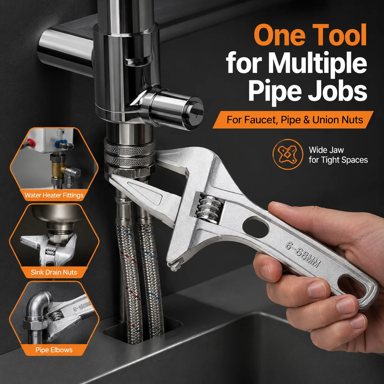 6-68mm Large Jaw Adjustable Wrench Aluminum Alloy Pipe Wrench for Faucet Sink Drain Nut Water Pipe Repair Tool