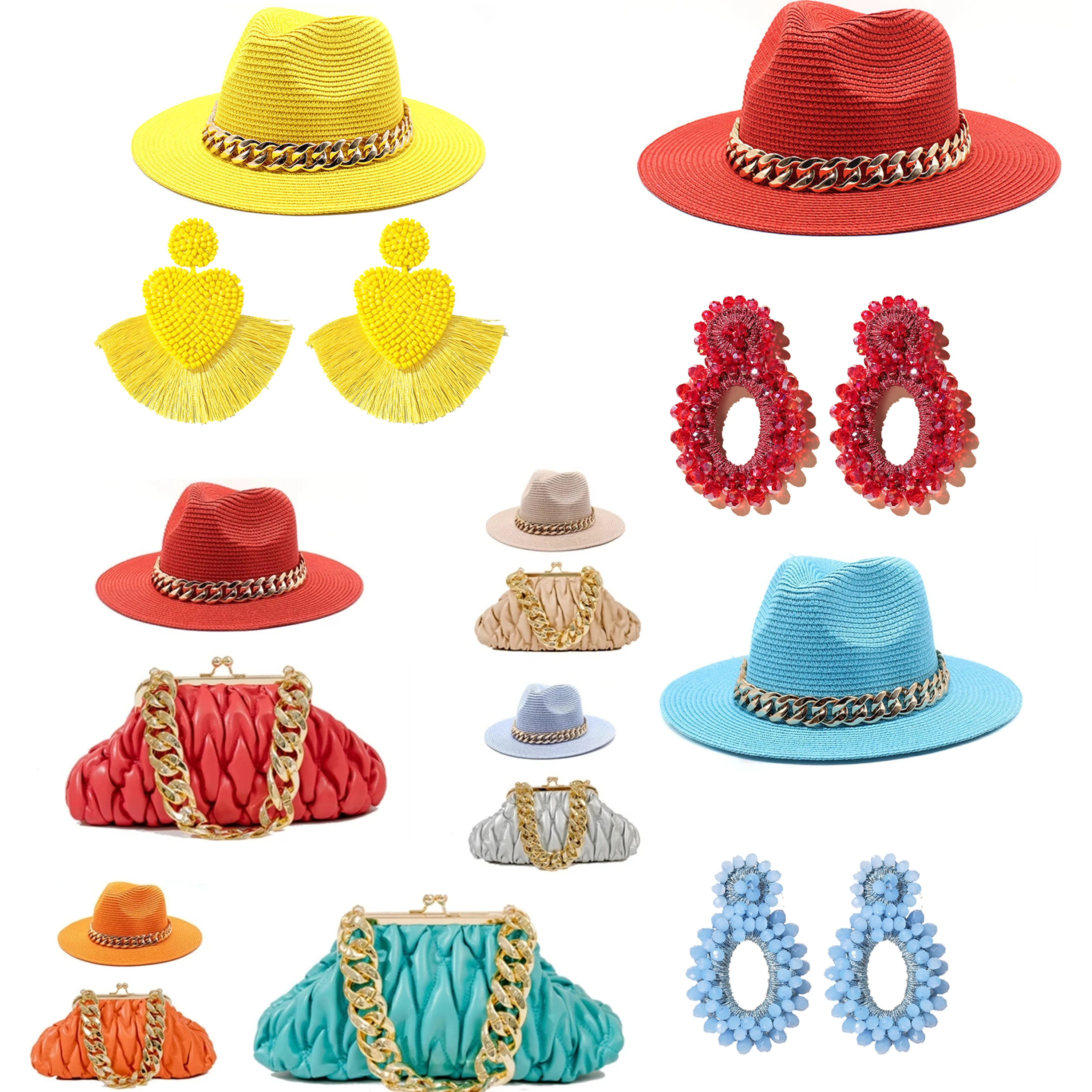 hat bag sets women fedoraStraw Hat and Bag Set Gold Chain Bag Hat Set Ladies earring fedora Church Fedora Party Jazz Straw Hat