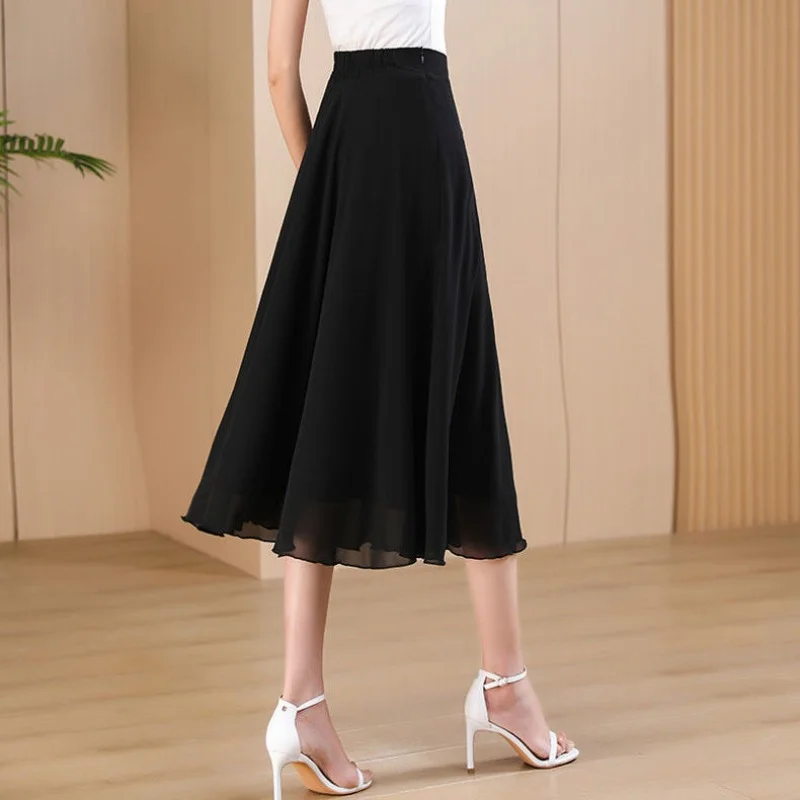 Simplicity Fashion Summer Skirts Women's Elastic Waist Solid Pleated Elegant High Waist Loose Mid-length Chiffon A-line Skirt