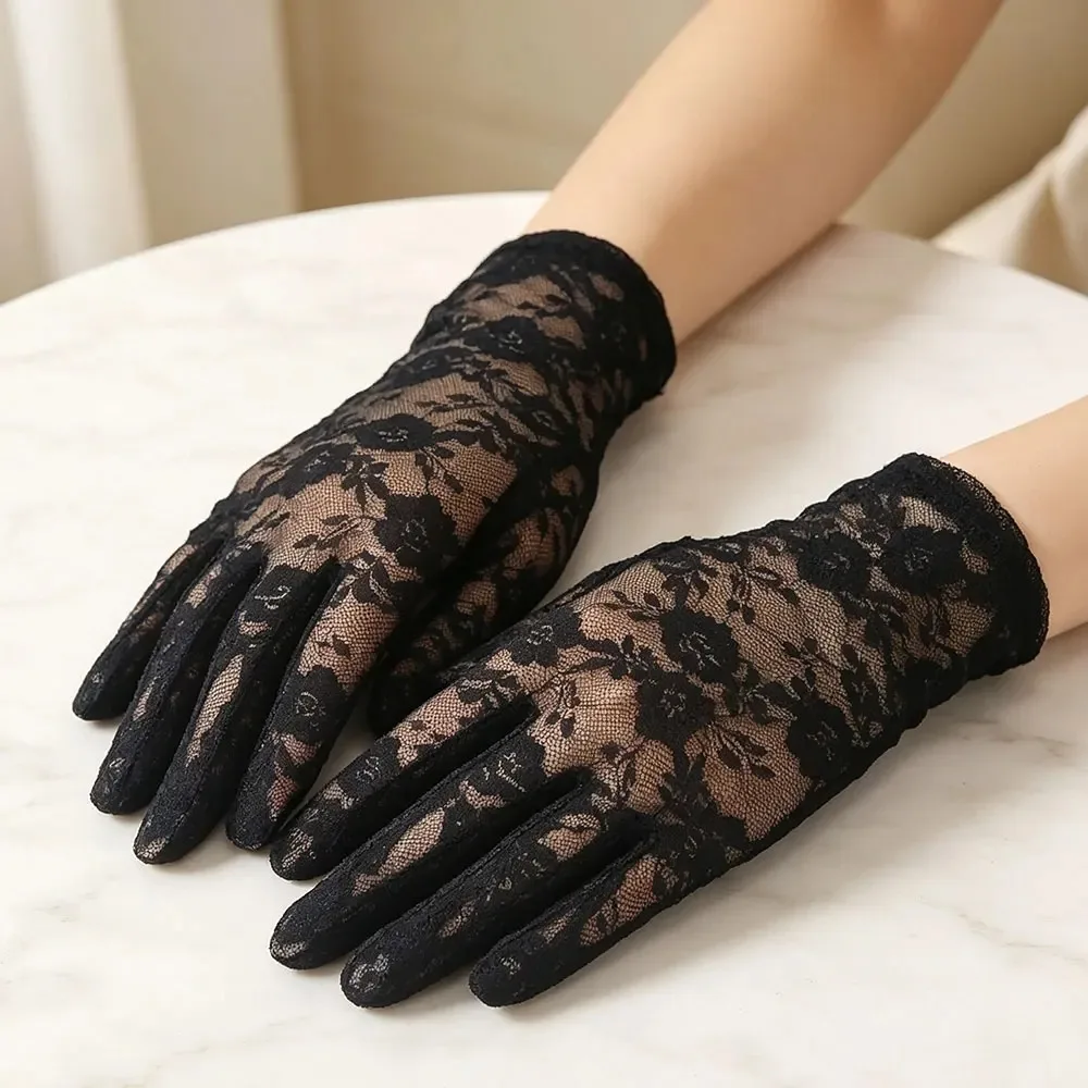 Women Thin Mesh Lace Gloves Ruffle Full Finger UV Protection Driving Gloves Fashion Daily Wear Accessories