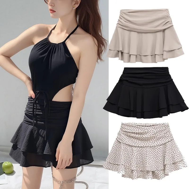 

Юбка с рюшами Kawaii, черная женская мини-юбка с высокой талией в стиле Харадзюку, сетчатая накладка, женская шифоновая многослойная трапециевидная юбка Y2k, милая белая макси