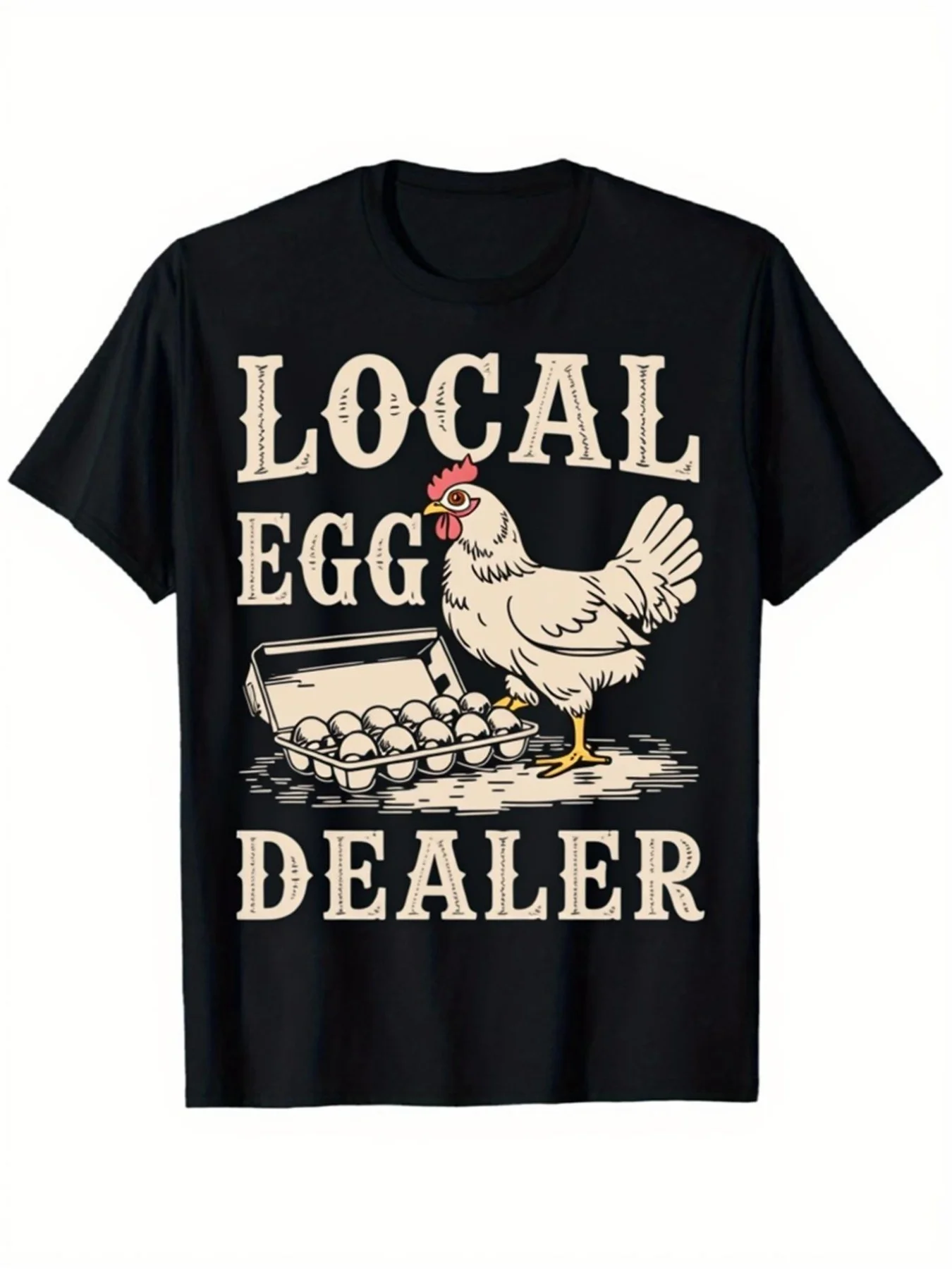Local Egg Dealer Printed T-Shirt Unisex Farm Style Pattern Short Sleeve Shirt Casual Everyday Wear Black Top 2026 New Style Comfortable Fit Personalized Statement Top Suitable for Daily Activities Crew Neck Drop Shoulder - Versatile Style