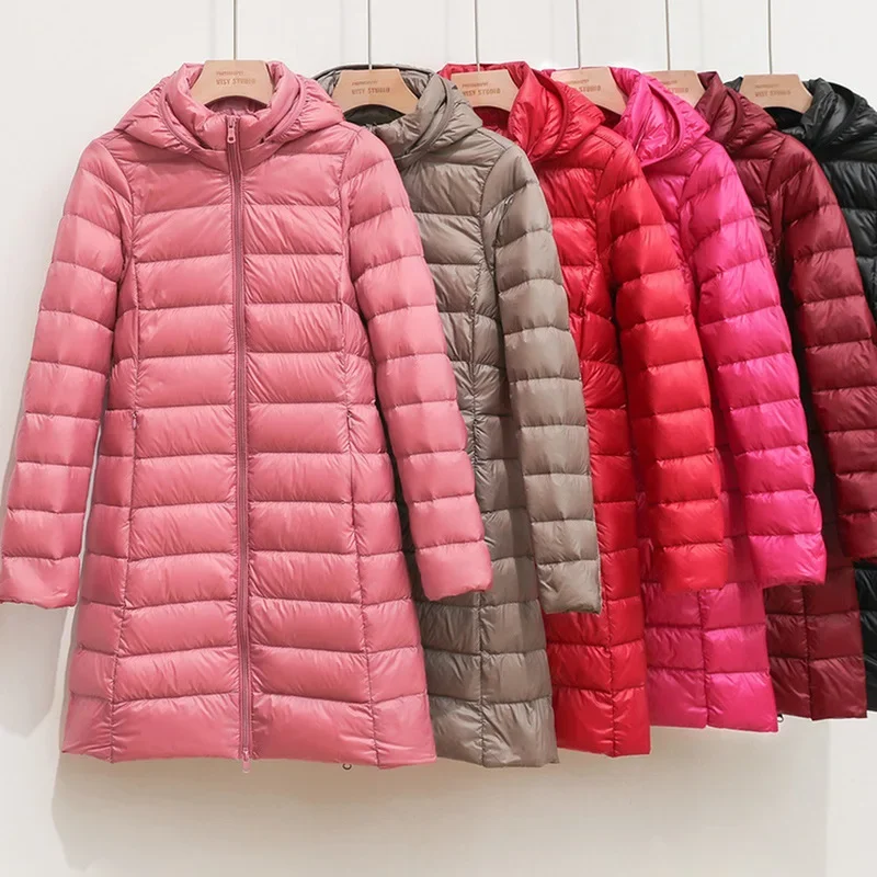 Jaket wanita Puffer panjang Ultra ringan, jaket mantel Parka bertudung bisa dilepas musim gugur musim dingin baru 2023 5XL 7XL