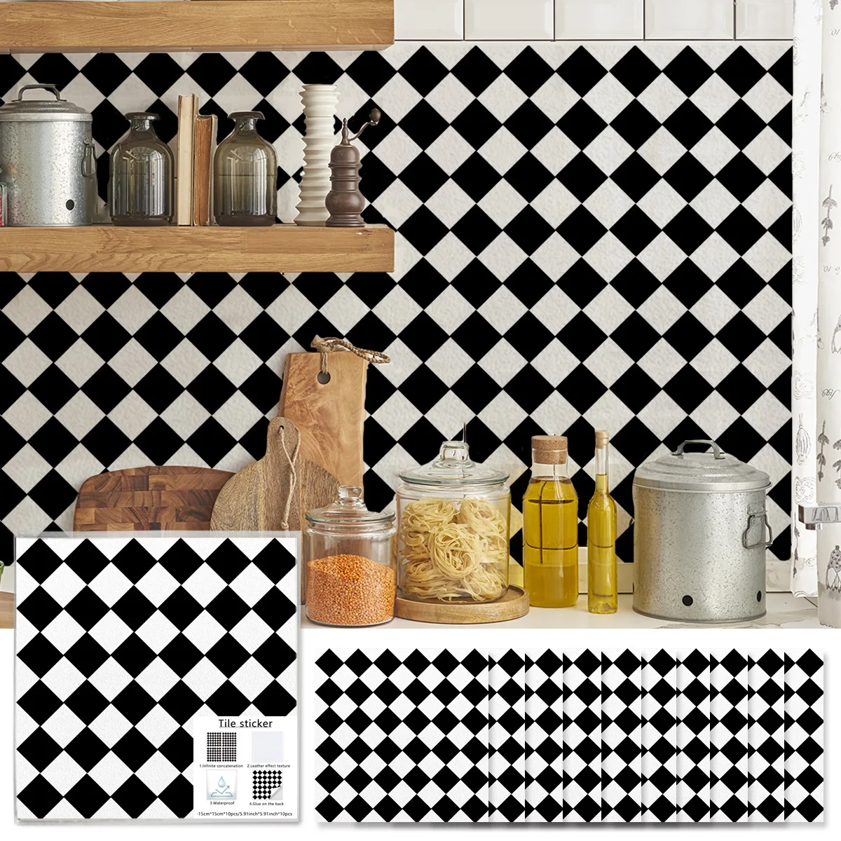 10pcs/set Retro Black and White Check Tile Stickers Wall Decor for Balcony Terrace Kitchen Backdrop Waterproof Peel and Stick