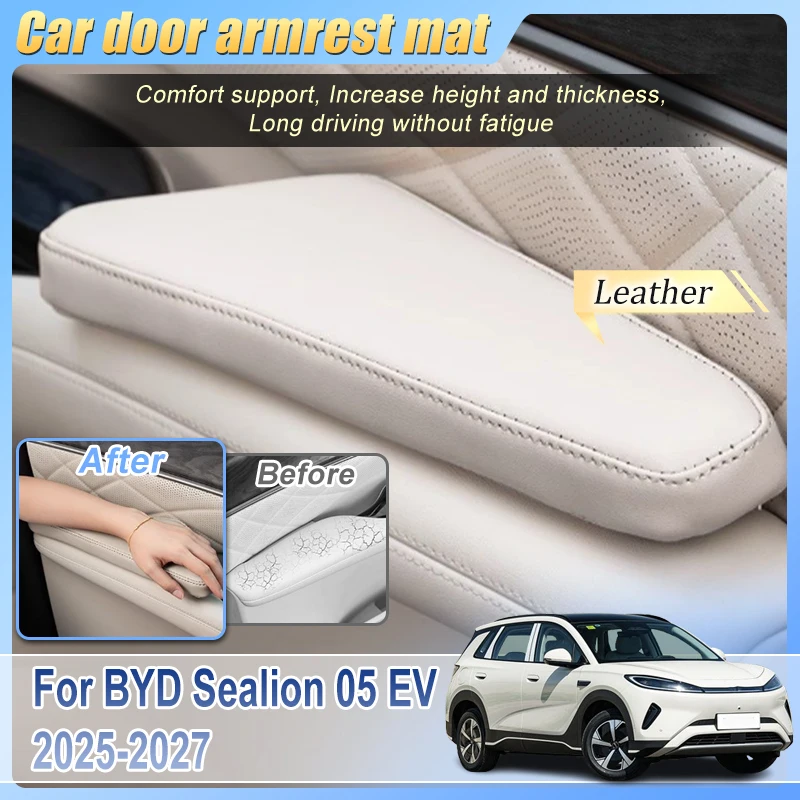 Alfombrillas de cuero para el reposabrazos de la puerta del coche para BYD Sealion 05 EV Accesorios 2025 2026 2027, almohadillas elevadoras para el reposabrazos del asiento del conductor, interior