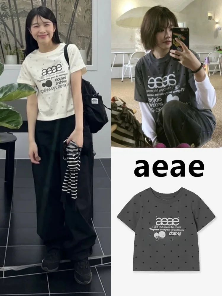 

Summer 2025 AEAE Logo Letter Polka Dot Print Loose Short Sleeve T-Shirt Women's Regular Length Cotton 100% Commute Style