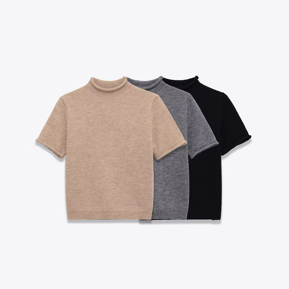 European and American style winter new product women's clothing design sense semi high neck short sleeved soft knit sweater