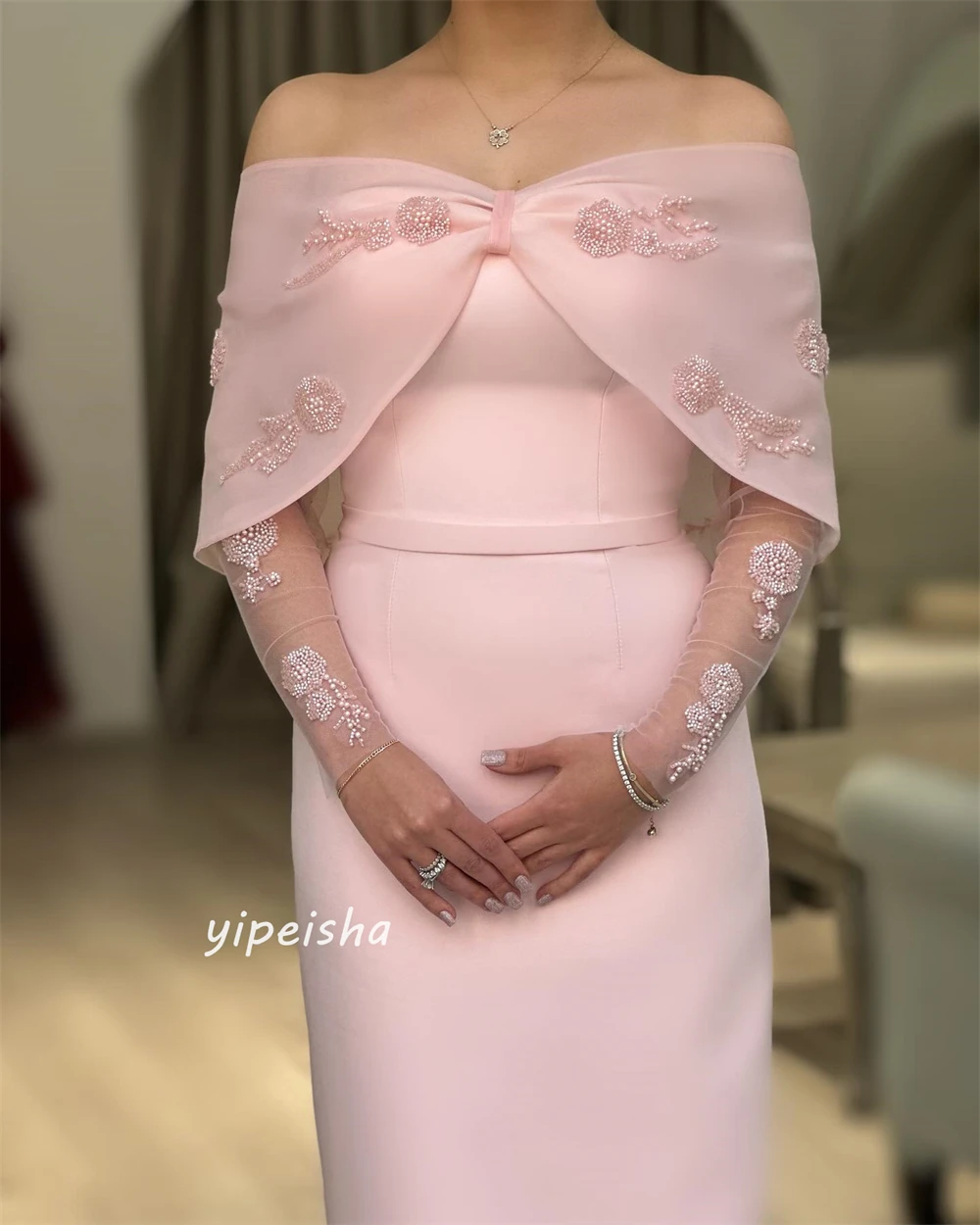 Customized Jiayigong  s Applique Ruched Party A-line Off-the-shoulder Bespoke Occasion Gown Midi Dresses