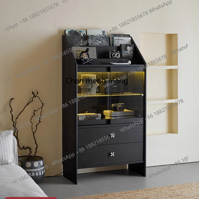 

Light Sandalwood Chest of Drawers Living Room Wall-Mounted Storage Black Solid Wood Sofa Side Cabinet Bookcase