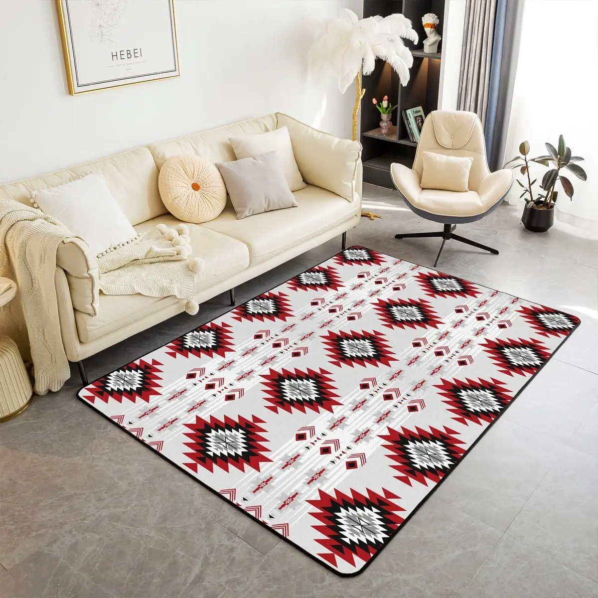Boho Area Rug for Bedroom Aztec Living Room Rugs Soft Non-Slip Bohemian Decor Carpet Geometric Indoor Floor Mat for Home, Dining