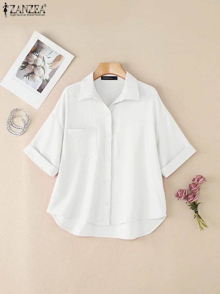 ZANZEA قمصان عصرية 2025 بلوزة كورية أنيقة بلون سادة للسيدات قطع علوية صيفية تونك نصف كم وطية صدر السترة بلوزات نسائية فضفاضة غير رسمية