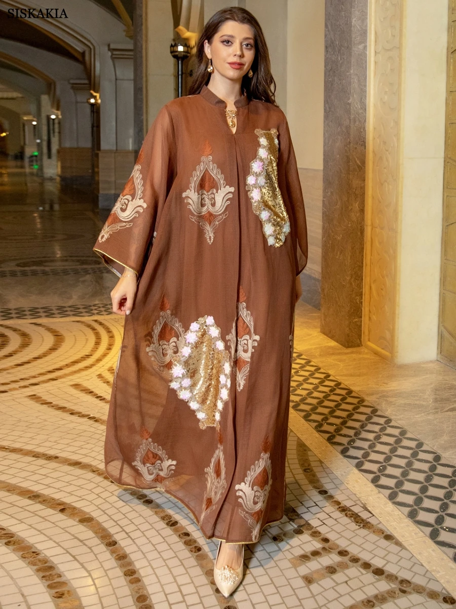 

Siskakia Fashion Muslim Moroccan Caftan Dubai Abaya Dress Chic Sequins Embroider Notched Stand Collar Evening Party Robe Women