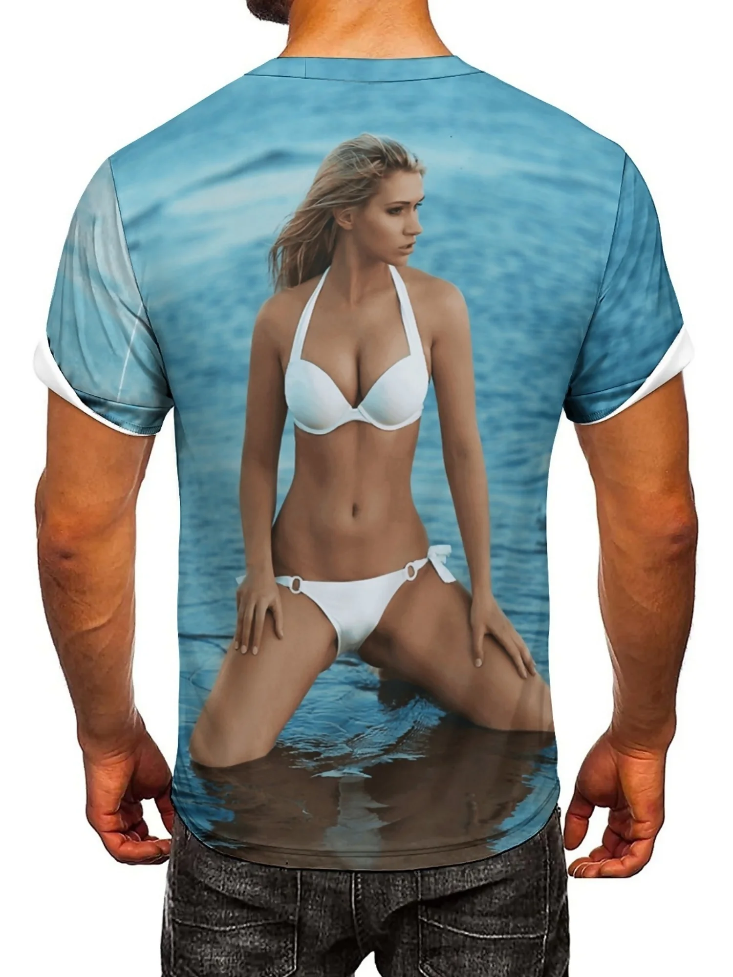 Camiseta masculina y2k streetwear com estampa de biquíni 3d sexy manga curta, camiseta gráfica retrô de poliéster respirável para festas traje casual