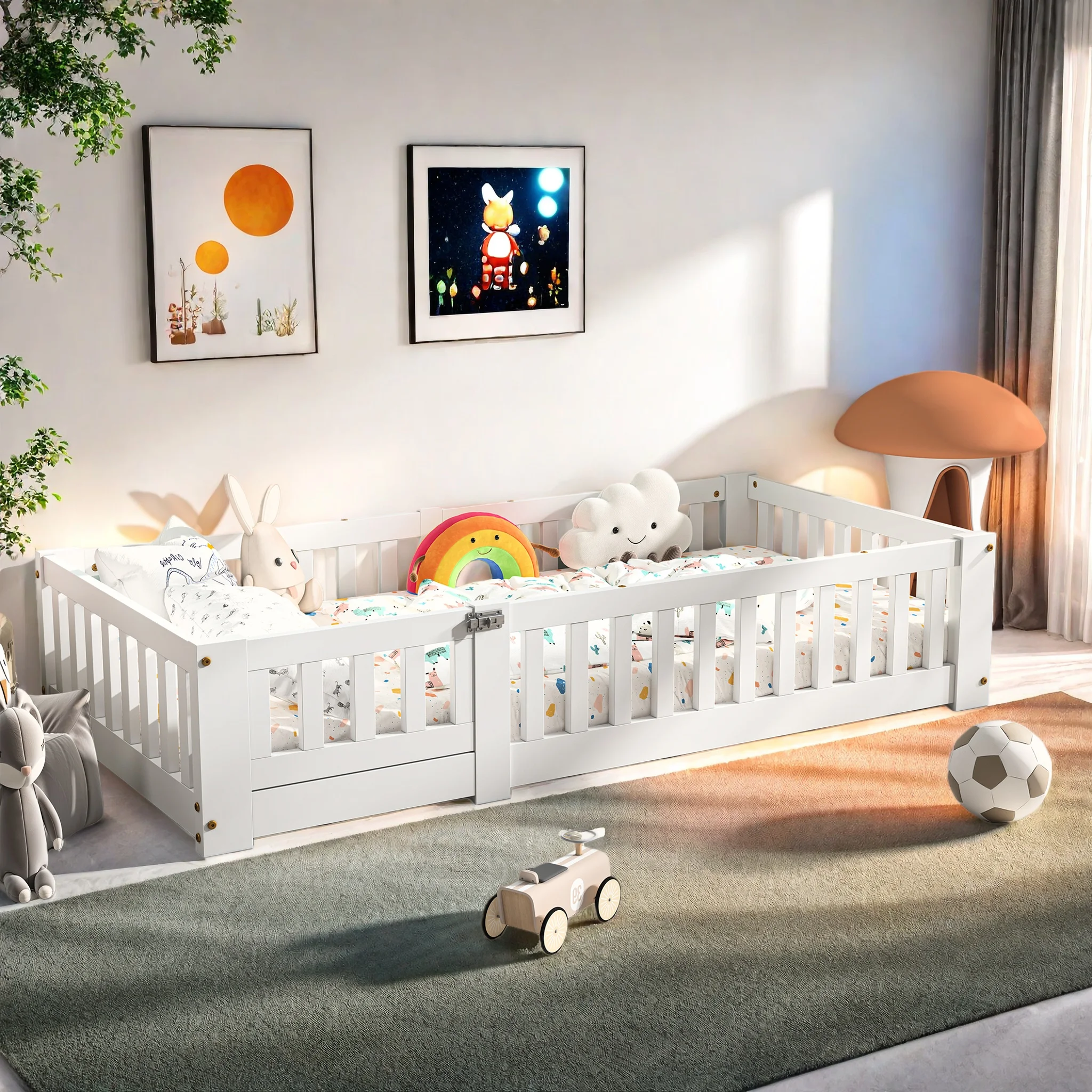 Cama con Estructura de Listones Blancos Anajqaqia, 120x200cm/90x190cm/80x160cm, Cuna para Bebé, Estructura de Cama de Madera para Dormitorio