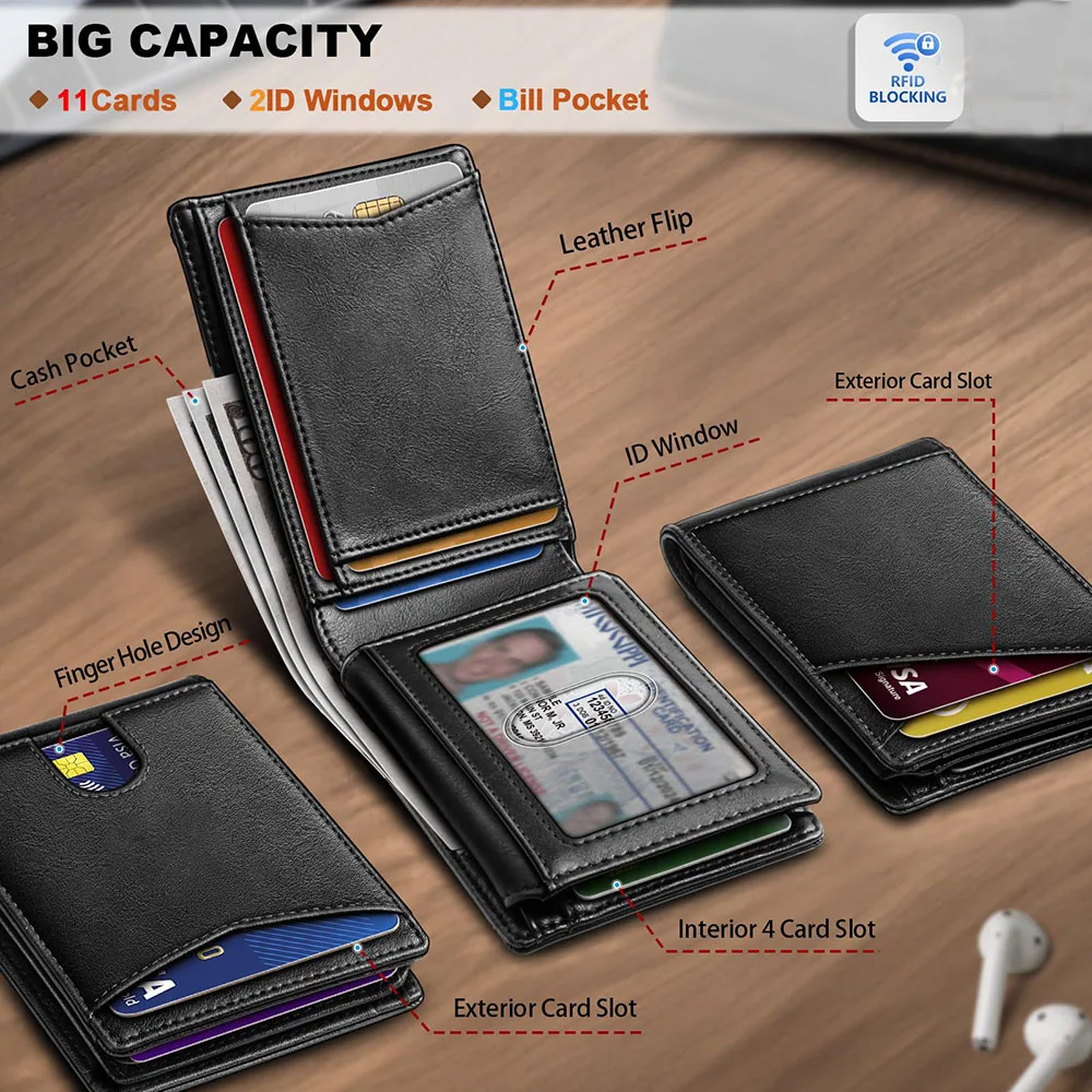 Slim Leather Men Wallet Front Pocket Card Holder Business RFID Blocking Credit Card Holder Everyday Carry Quick-Access Purse