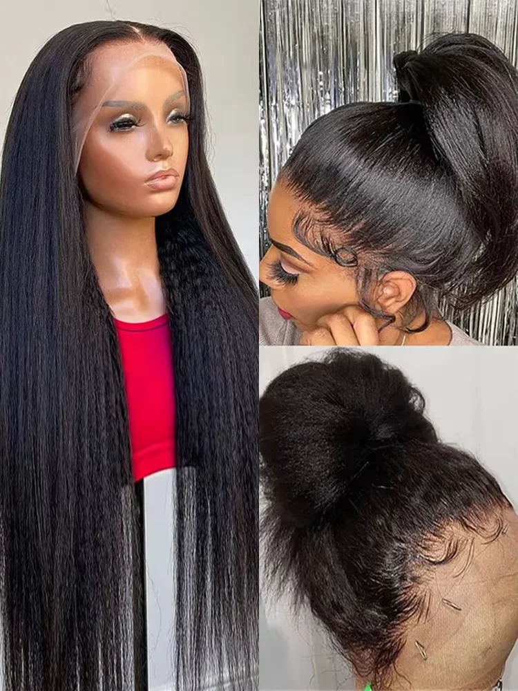 

Kinky Straight 360 Full Lace Front Human Hair Wig Yaki Straight Ponytail Extention Preplucked Bleached Frontal Wigs For Women