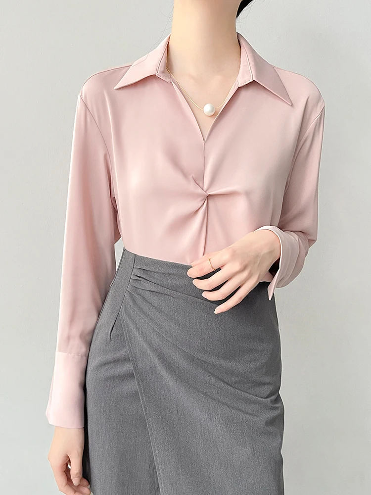 

Elegant Long Sleeve Silk Shirt Women's Commute Professional Charming Twist Design Sense Top Korean Style Loose Fit Button Detail
