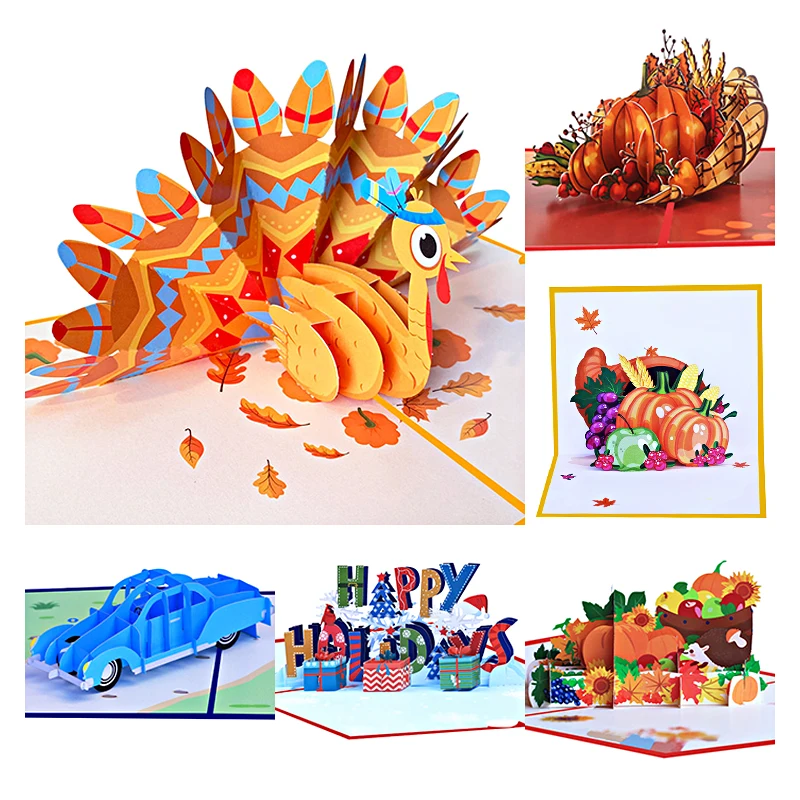 

3D Turkey Thanksgiving Greeting Card, Slide Out Note, Envelope, Holiday Party Invitation, Pumpkin, Pop-Up Gift, Postcard