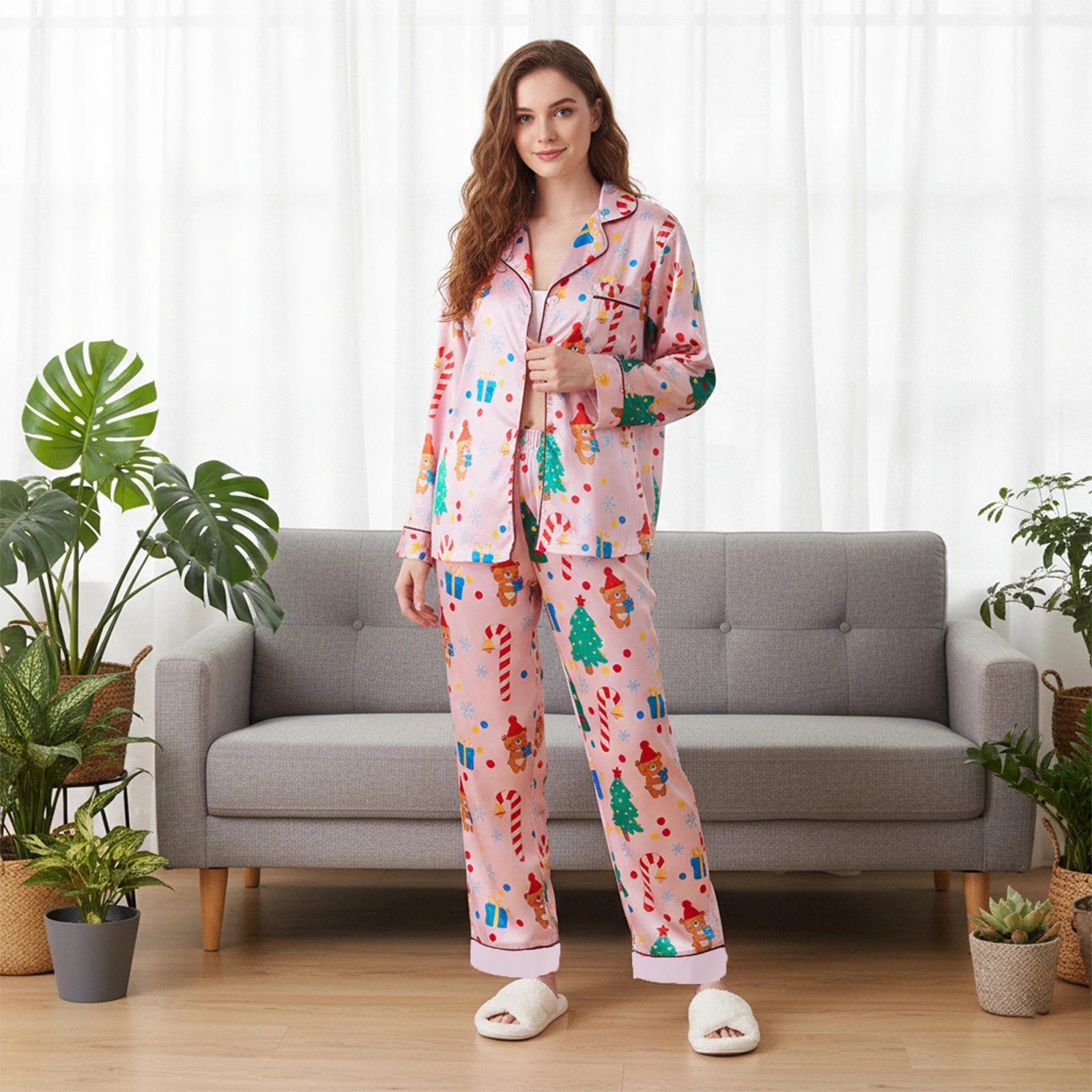 

Женские атласные рождественские пижамные комплекты, модные топы с рюшами на пуговицах и брюки с принтом, мягкая одежда для сна из 2 предметов