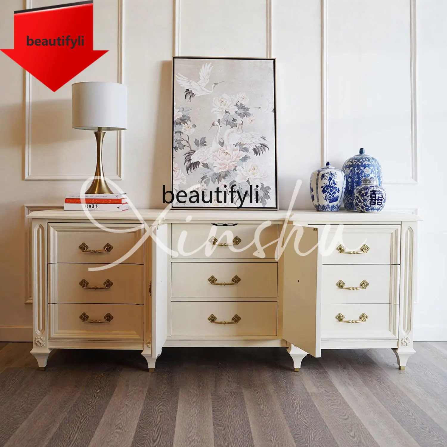 07 الفرنسية كريم الأبيض الخشب الصلب غرفة المعيشة جدار خزانة غرفة نوم السرير درج تخزين #1