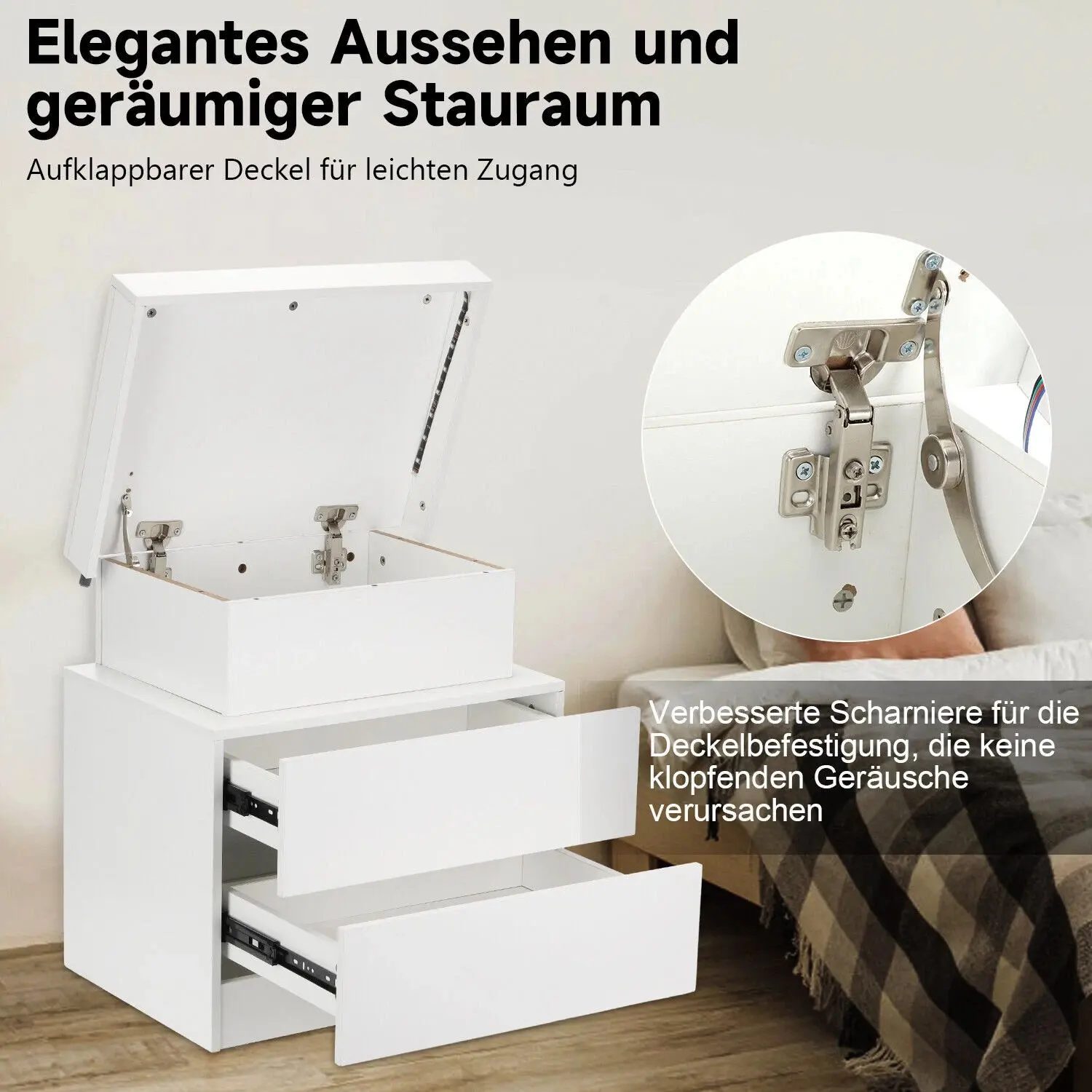 طاولة بجانب السرير بيضاء مع درجين، درج علوي واحد، خزانة بجانب السرير مع 4 جوانب عالية اللمعان، طاولة جانبية بإضاءة LED RGB لغرفة النوم #4