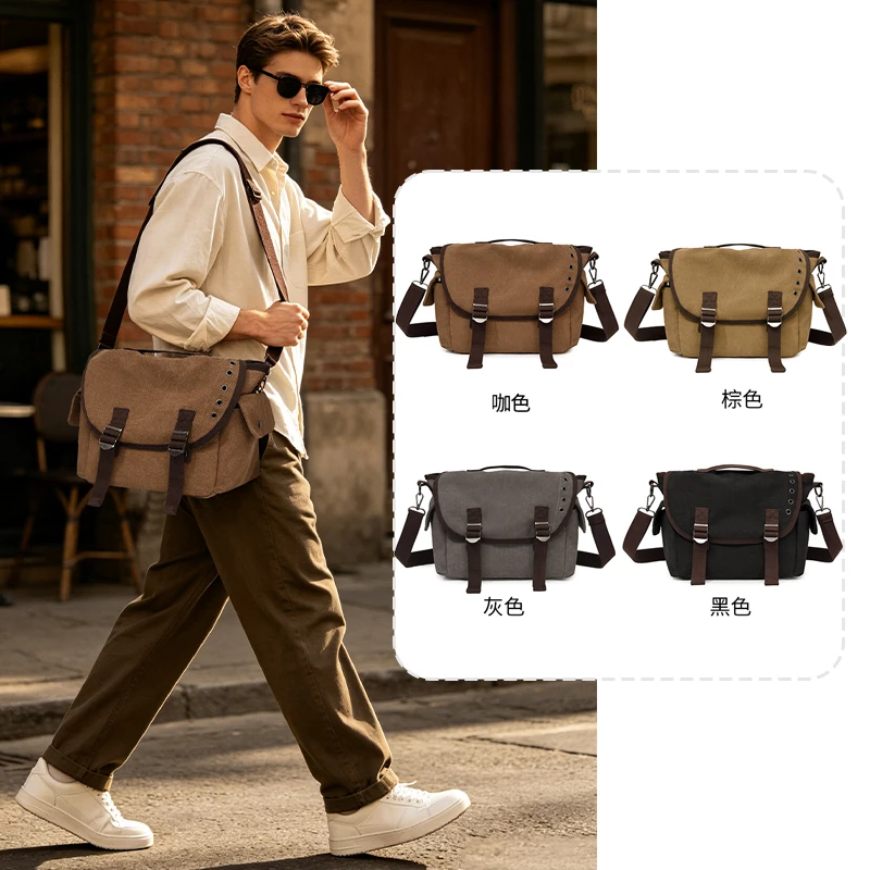 Vintage Canvas Messenger Bag, Multi‑pocket Wear‑resistant Casual Crossbody Bag