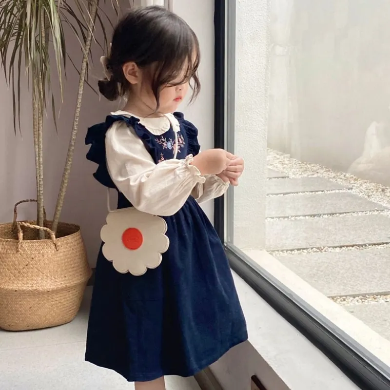 Fashion Baby Girl Cotton Shirt Corduroy Vest Dress Infant Toddler Child Spring Autumn Embroidery Dress Baby Clothes 1-10Y