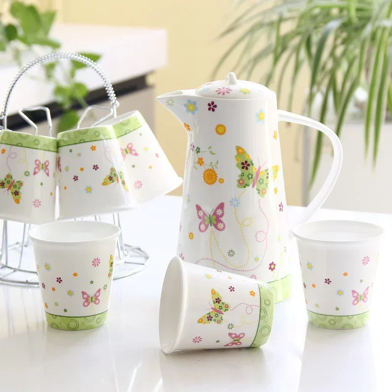 

Bone China Drinkware, Ceramic Cold Water Pot and Tea Cups Set, Household Porcelain, Teaware, Teapot Teacups with Rack